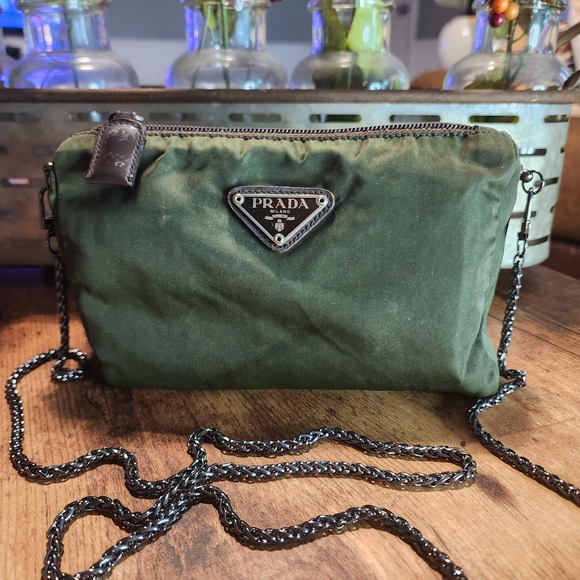 Prada Handbags - Prada Olive Green Nylon Crossbody with Black Chain Strap